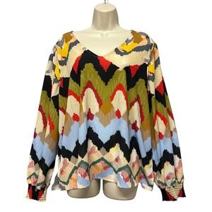 Womens Sz XL Tunic Top Boho Multicolor Ikat Chevron V-Neck Smocked Cuff Peasant